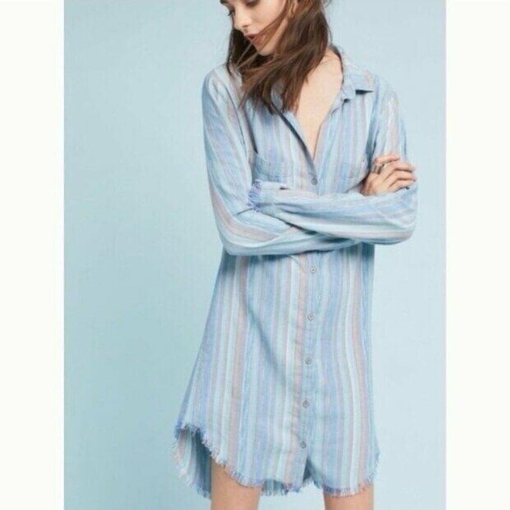 Cloth & Stone Frayed Hem Striped Button Down Shirt Dress Small Linen Blend